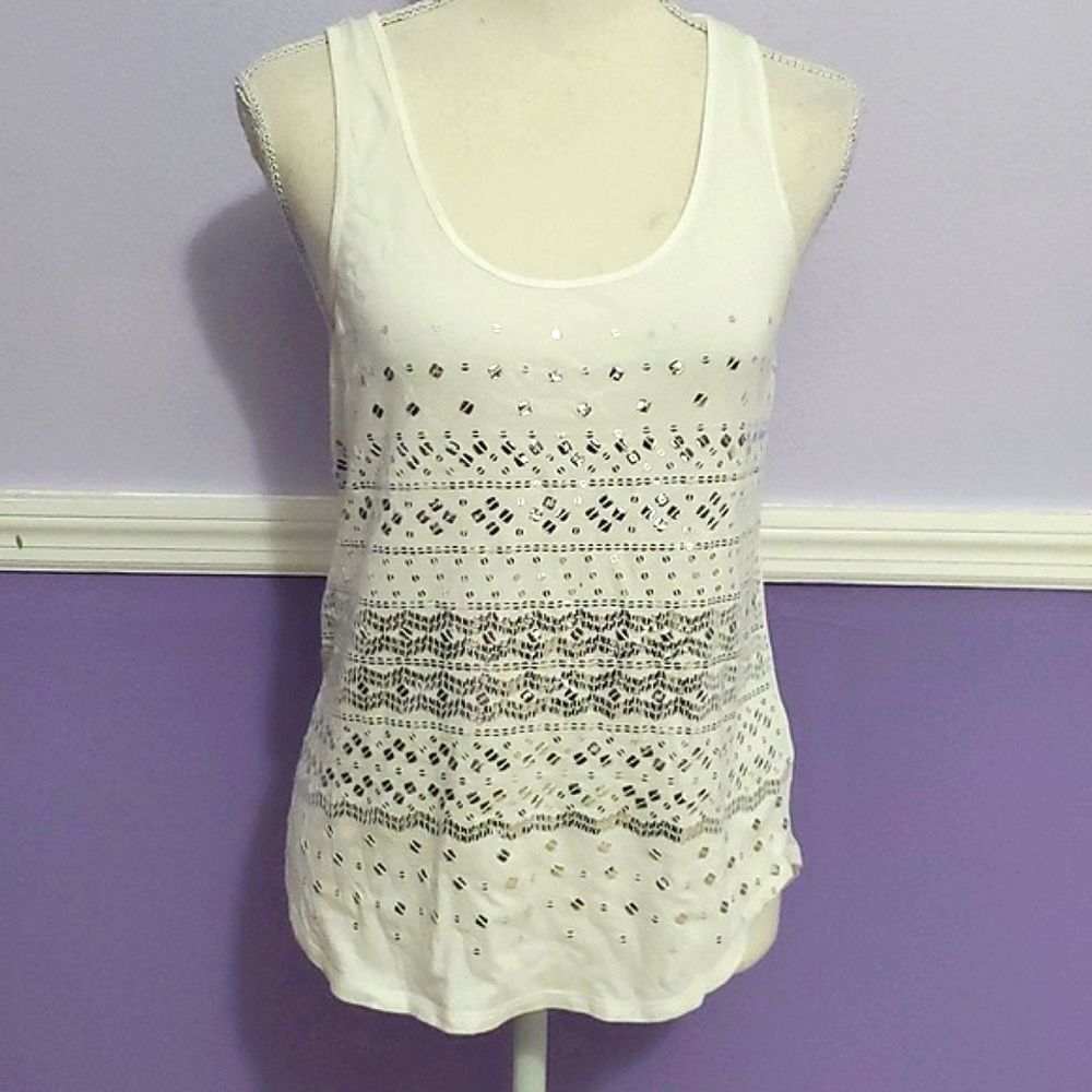 Express White Silver Sequins Modal Blend Tank Top Party Nightout S